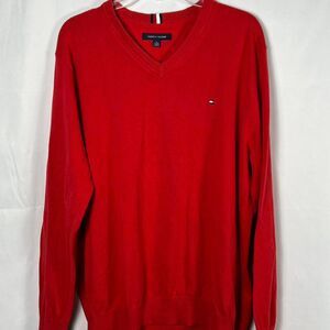 Vintage Y2K Tommy Hilfiger Red 100% Cotton V-Neck Sweater (XL)‎